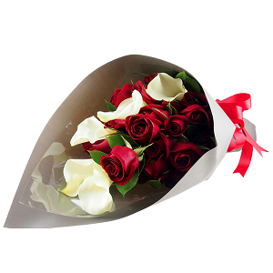 calla and red roses Anniversary flowers Hand Bouquet